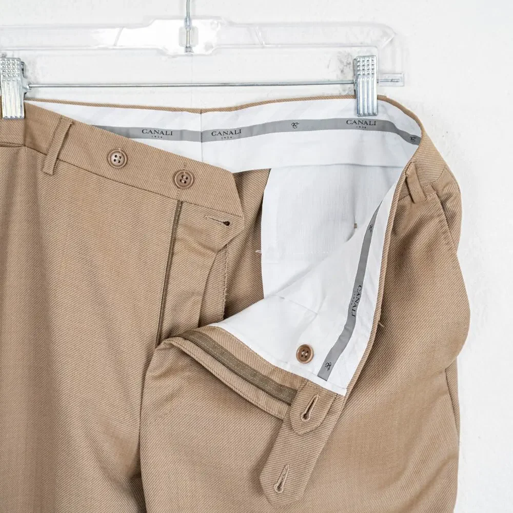 CANALI 1934 Men's PANTALONE Flat front Dress Pants tan wool size 52IT